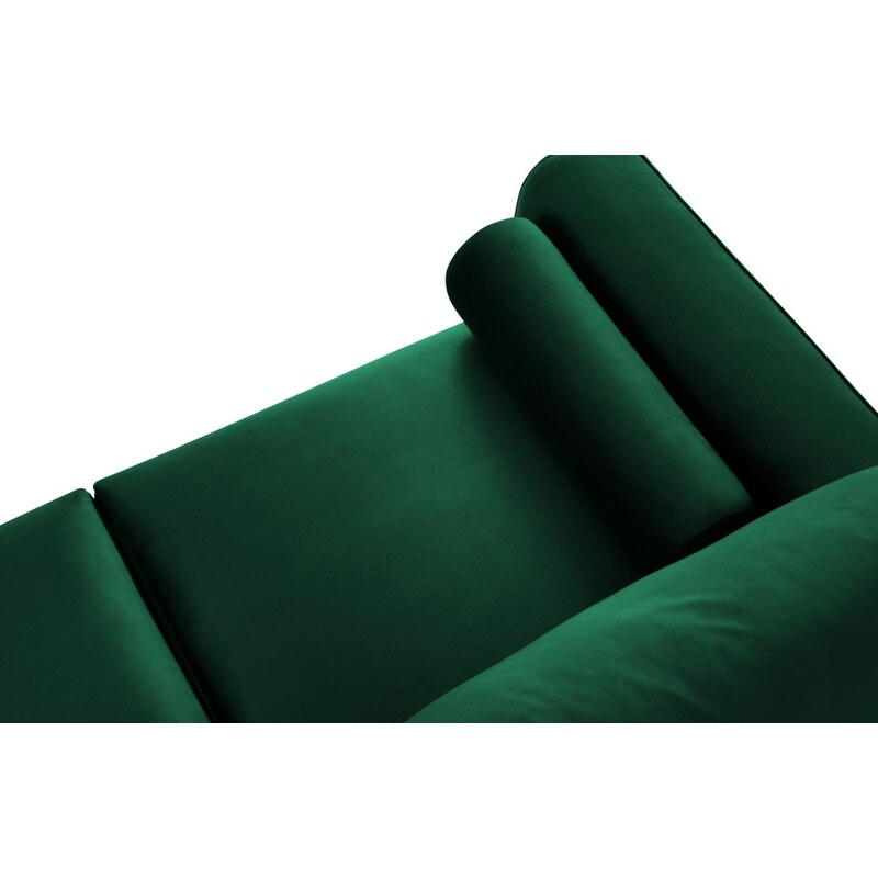 Lahvově zelená sametová rohová rozkládací pohovka MICADONI LEONA 225 cm s černou podnoží, pravá