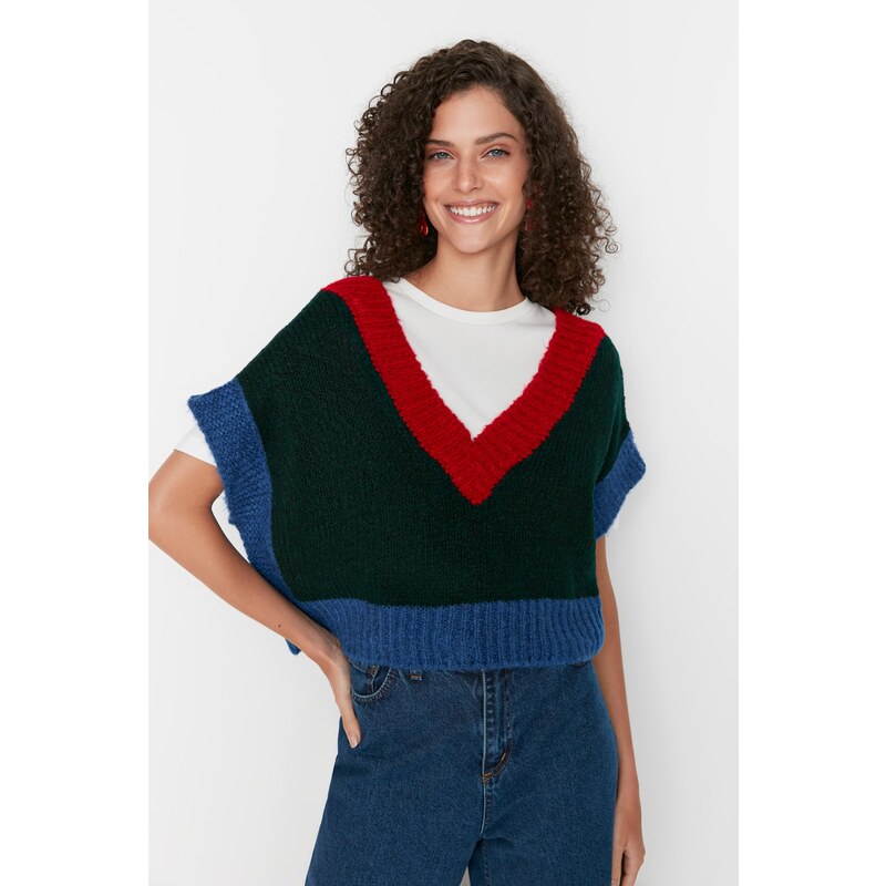 Trendyol Green Crop Soft Textured Color Block Knitwear Sweater