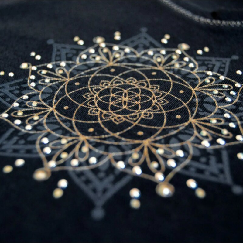 The Spirit of OM tričko z bio bavlny květ harmonie s ¾ rukávy - černé