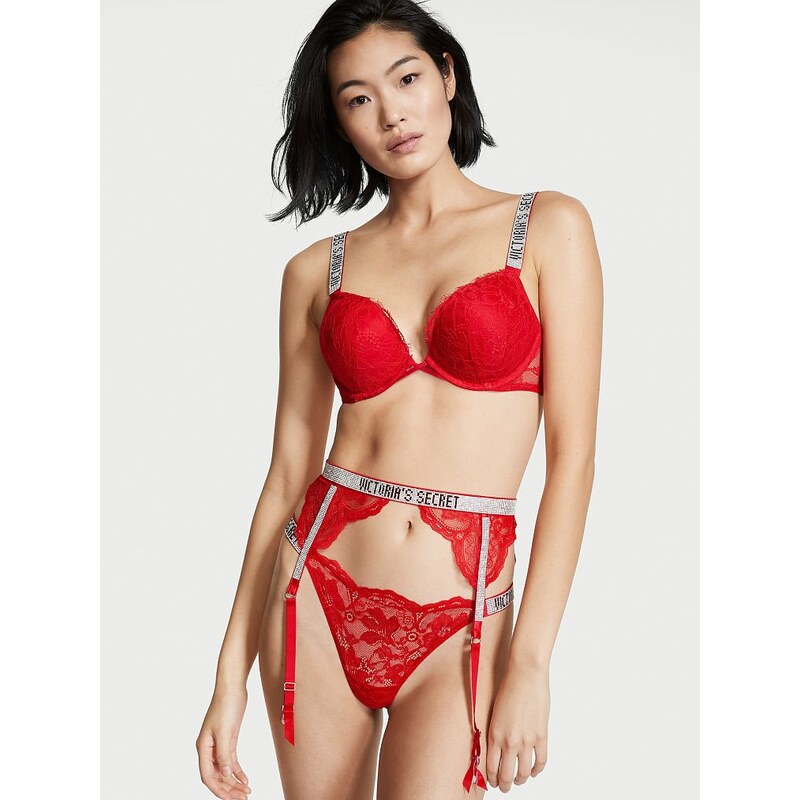 Victoria's Secret krajkový podvazkový pás s kamínky Shine Strap Lace Garter Belt Lipstick