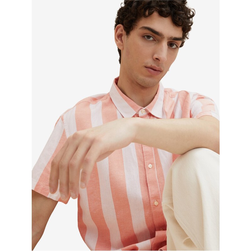 Krémovo-meruňková pánská pruhovaná lněná košile Tom Tailor Denim - Pánské
