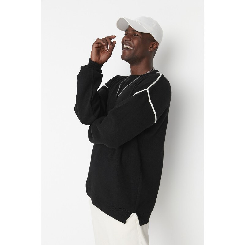 Trendyol Black Oversize Crew Neck Piping Detailed Knitwear Sweater