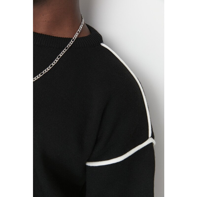 Trendyol Black Oversize Crew Neck Piping Detailed Knitwear Sweater