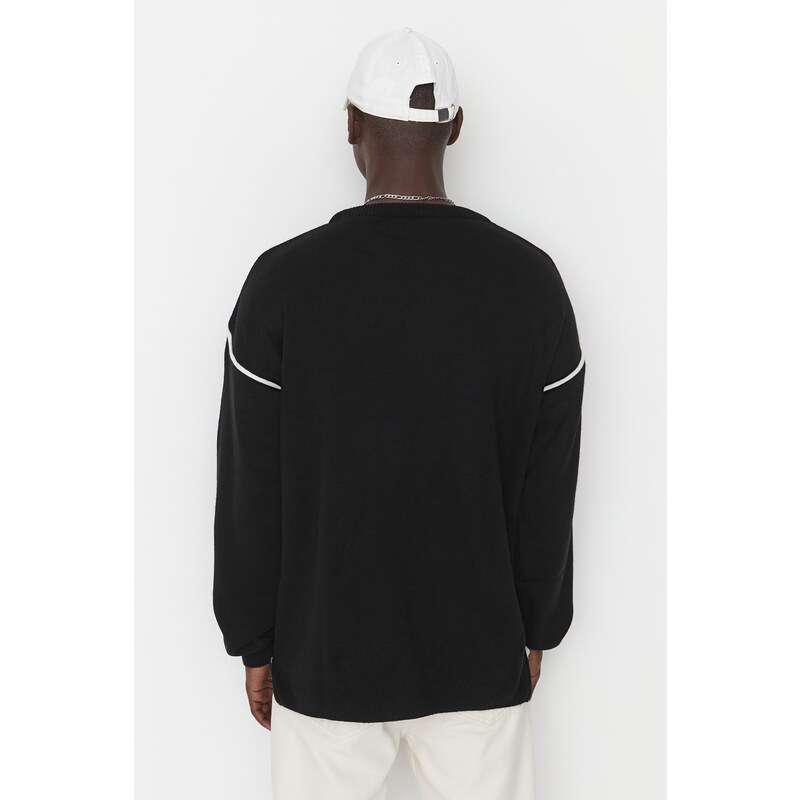 Trendyol Black Oversize Crew Neck Piping Detailed Knitwear Sweater