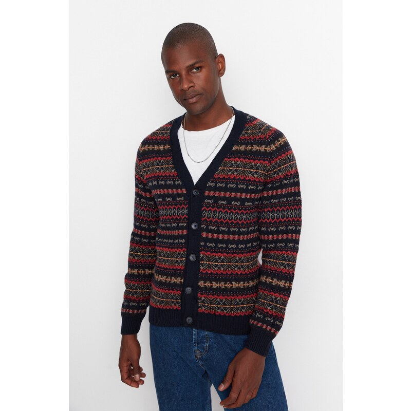 Trendyol Navy Blue Slim Fit V Neck Jacquard Knitwear Cardigan