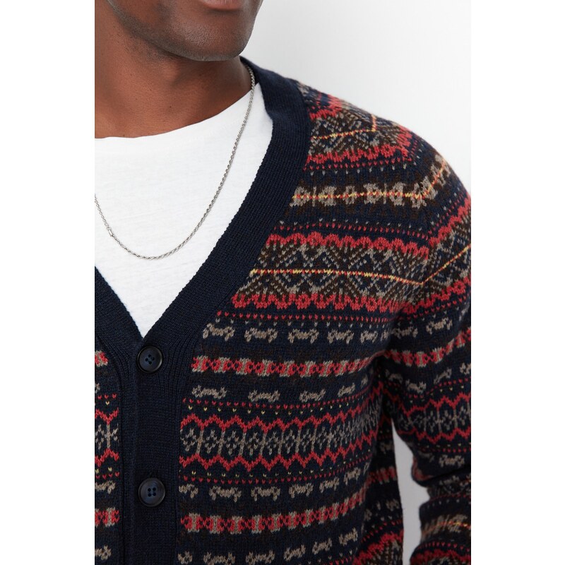 Trendyol Navy Blue Slim Fit V Neck Jacquard Knitwear Cardigan