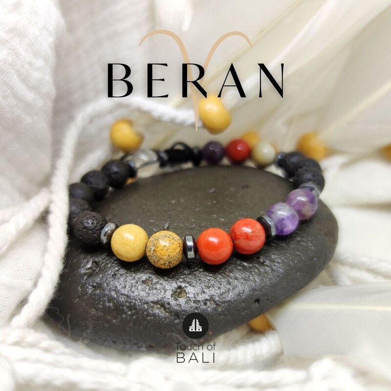 Touch of Bali / Minerals & Gems Náramek z minerálů pro Berana - ametyst, červený a obrázkový jaspis