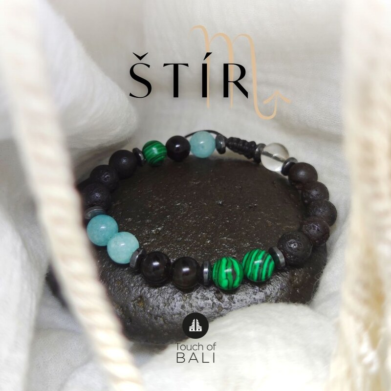 Touch of Bali / Minerals & Gems Náramek z minerálů pro Štíra - akvamarín, malachit, obsidián