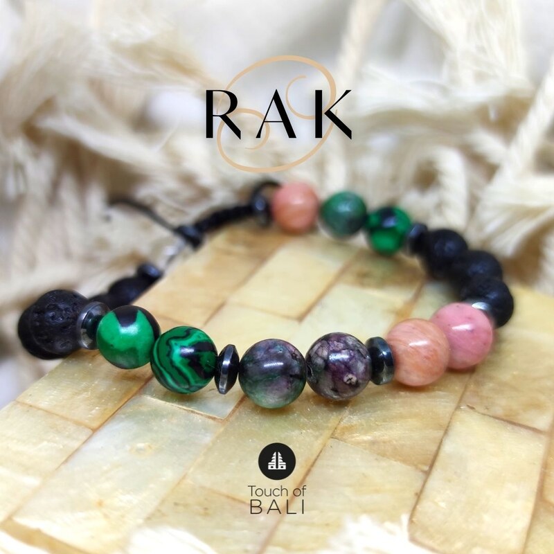 Touch of Bali / Minerals & Gems Náramek z minerálů pro Raka - malachit, mechový achát, rodonit