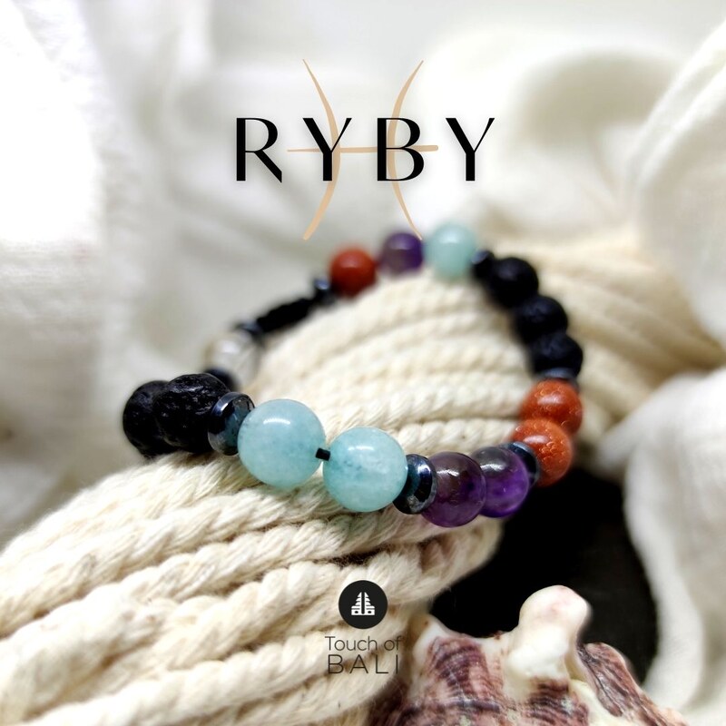 Touch of Bali / Minerals & Gems Náramek z minerálů pro Ryby - akvamarín, sluneční kámen a ametyst