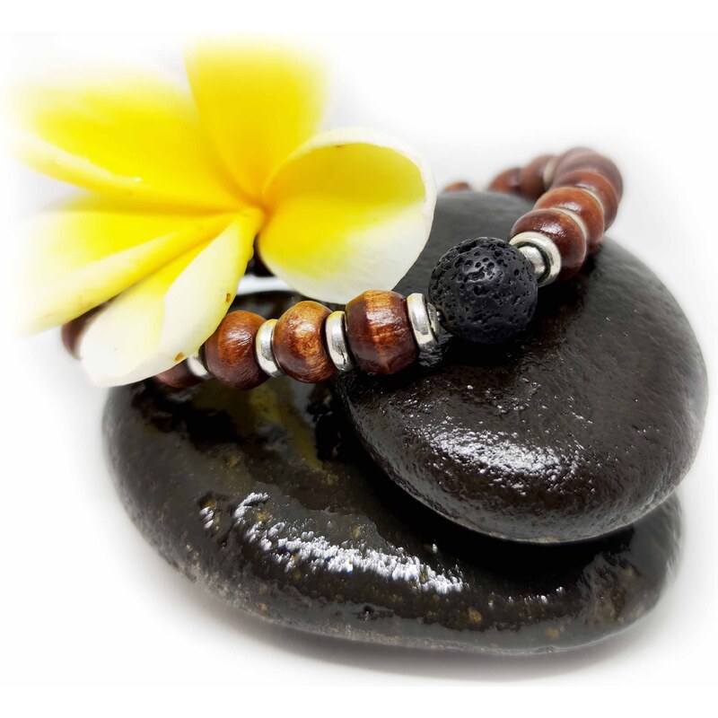 Touch of Bali / Minerals & Gems Dřevěný náramek s lávovým kamenem