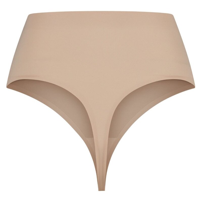 Bye Bra Béžové bezešvé tango kalhotky s vysokým pasem Invisible Mid Waist Thong