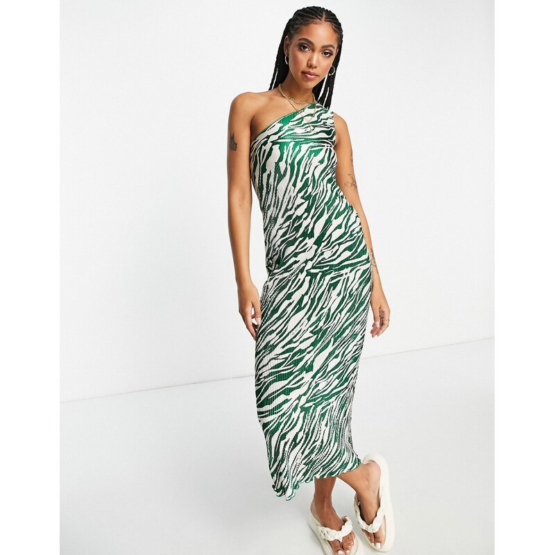 ASOS DESIGN plisse one shoulder midi dress in green and cream