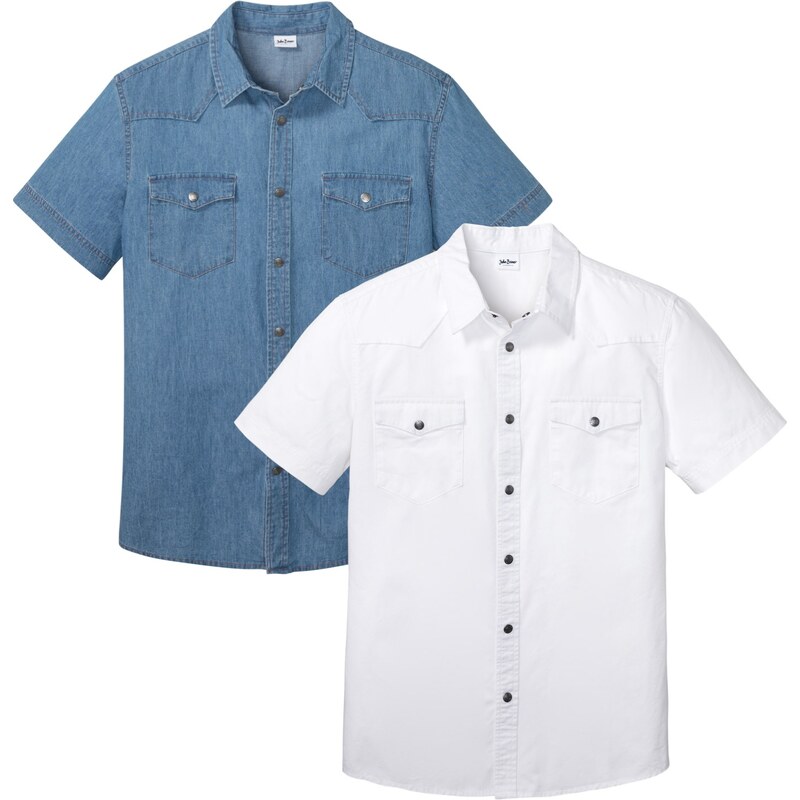 bonprix Džínová košile s krátkým rukávem, Slim Fit (2 ks) Modrá