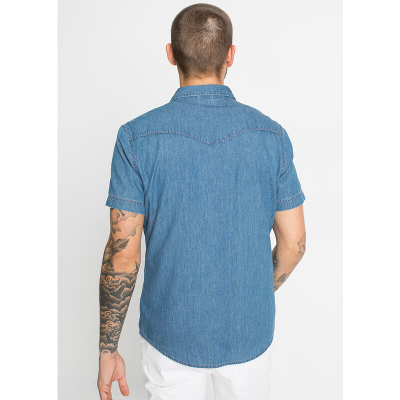 bonprix Džínová košile s krátkým rukávem, Slim Fit (2 ks) Modrá