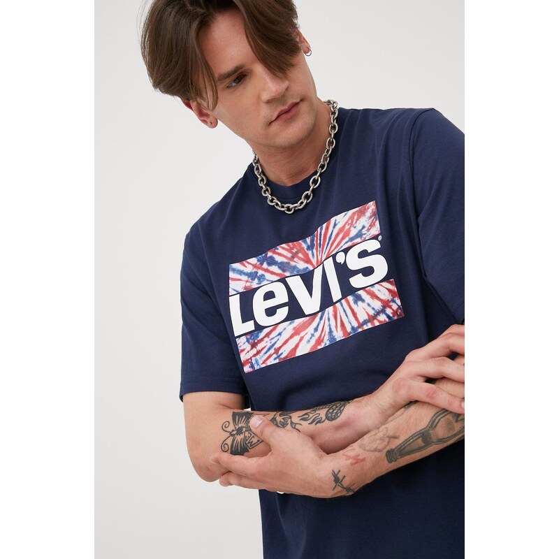 Bavlněné tričko Levi's tmavomodrá barva, s potiskem