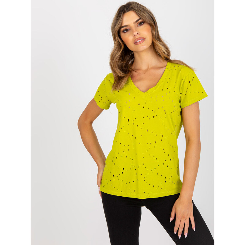 Fashionhunters Limetkové bavlněné tričko s dírami