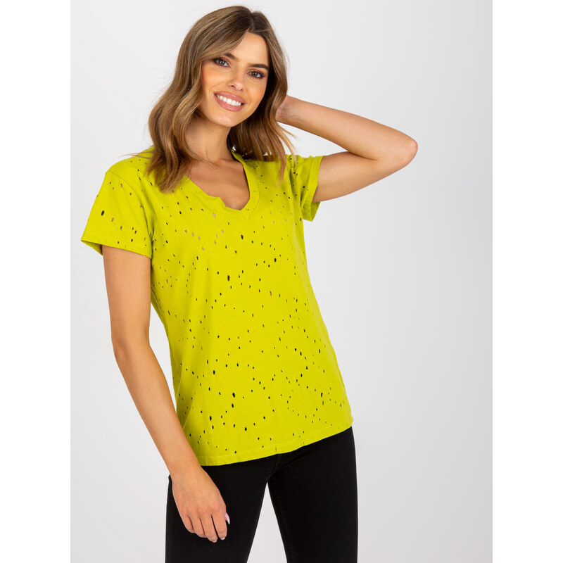 Fashionhunters Limetkové bavlněné tričko s dírami
