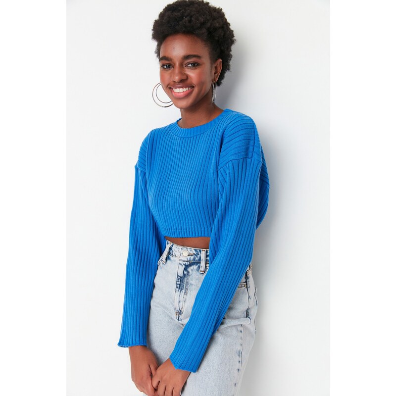 Trendyol Blue Super Crop Základní pletený svetr