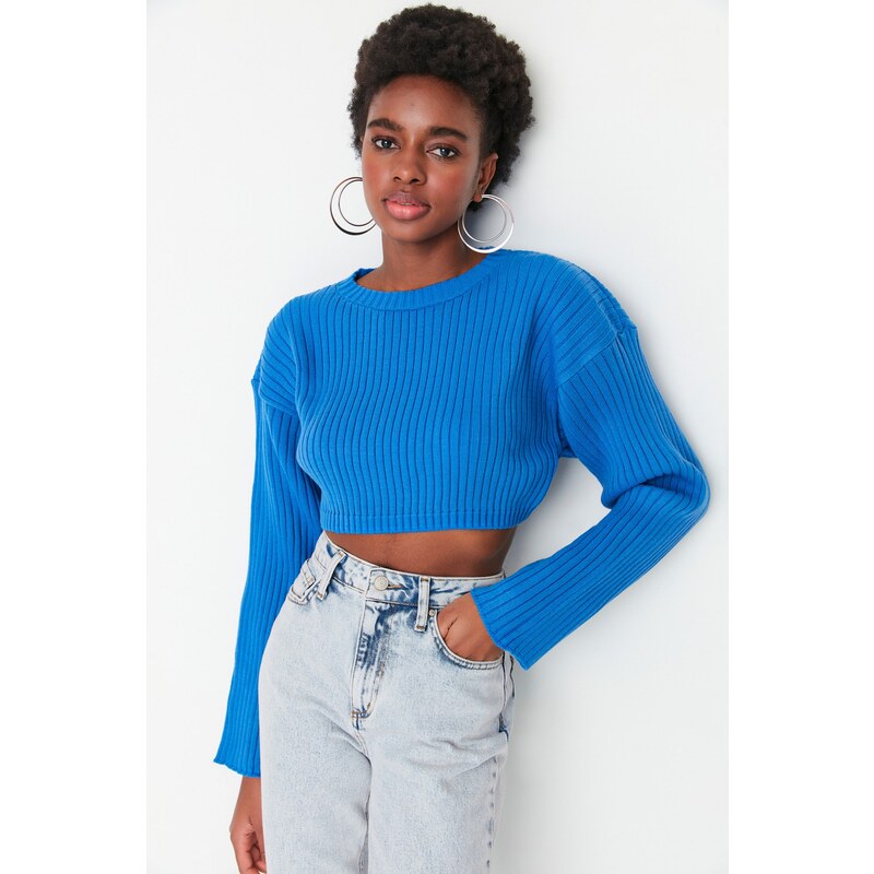 Trendyol Blue Super Crop Základní pletený svetr