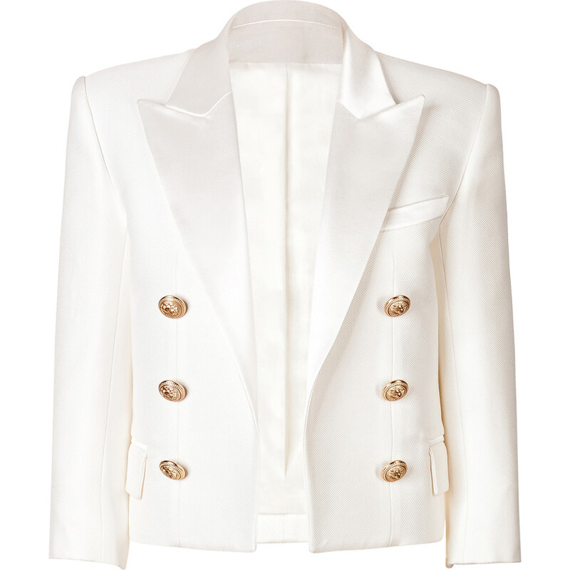 Balmain Cotton-Silk Open Front Bold Shoulder Blazer