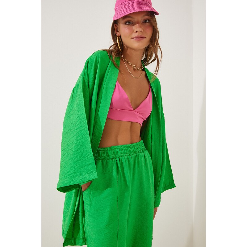 Happiness İstanbul Women's Green Kimono Pants Suit