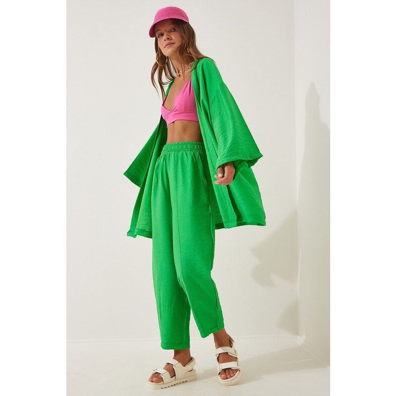 Happiness İstanbul Women's Green Kimono Pants Suit