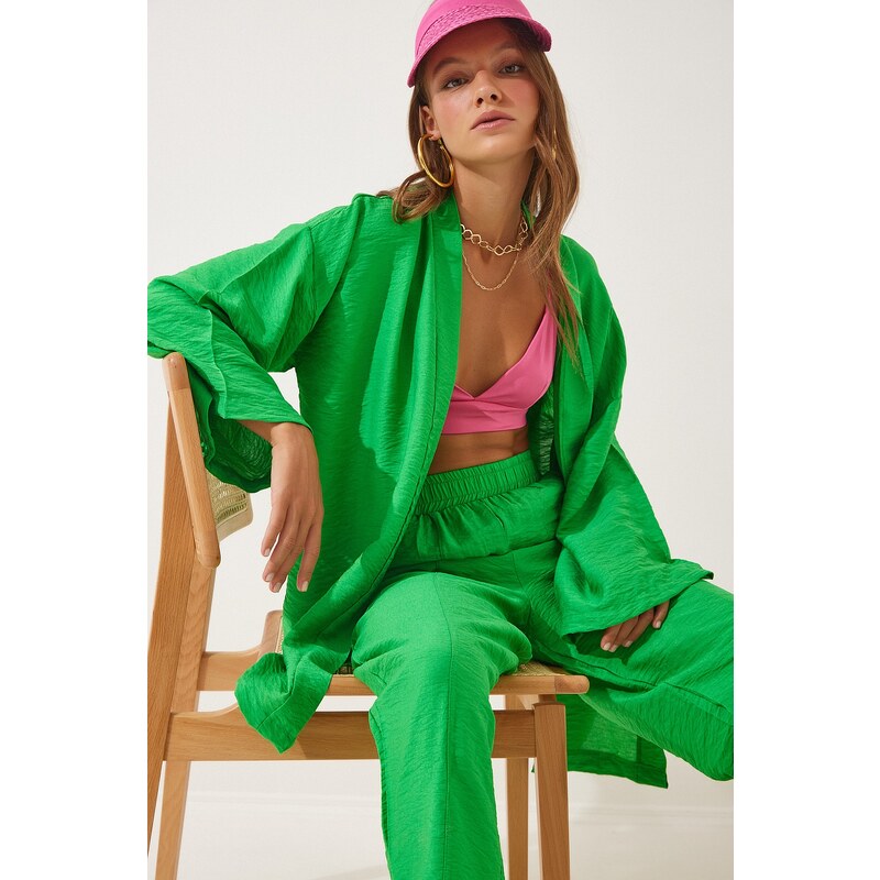 Happiness İstanbul Women's Green Kimono Pants Suit