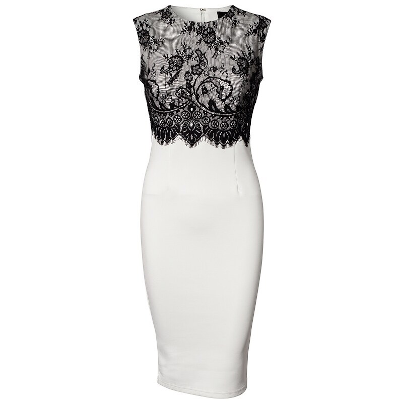 LM moda Elegantní pouzdrové šaty s krajkou bílé OH502