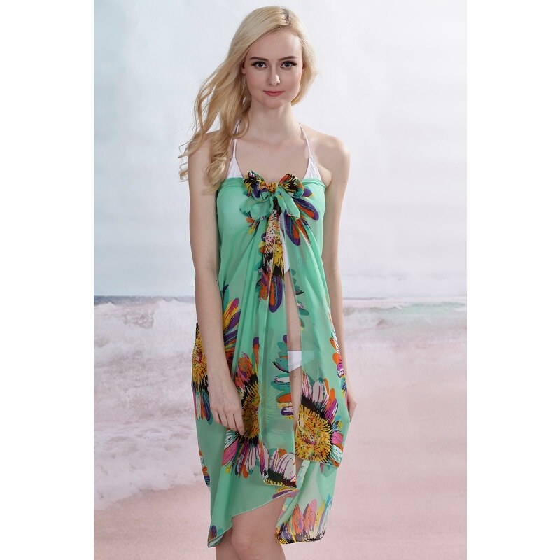 LM moda Sarong šátek na pláž 111 zelený s květy