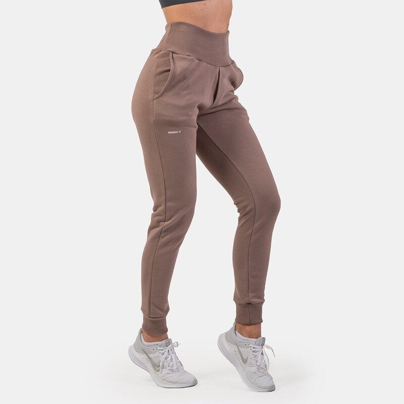 Dámské tepláky High Waist Loose Fit Brown - NEBBIA