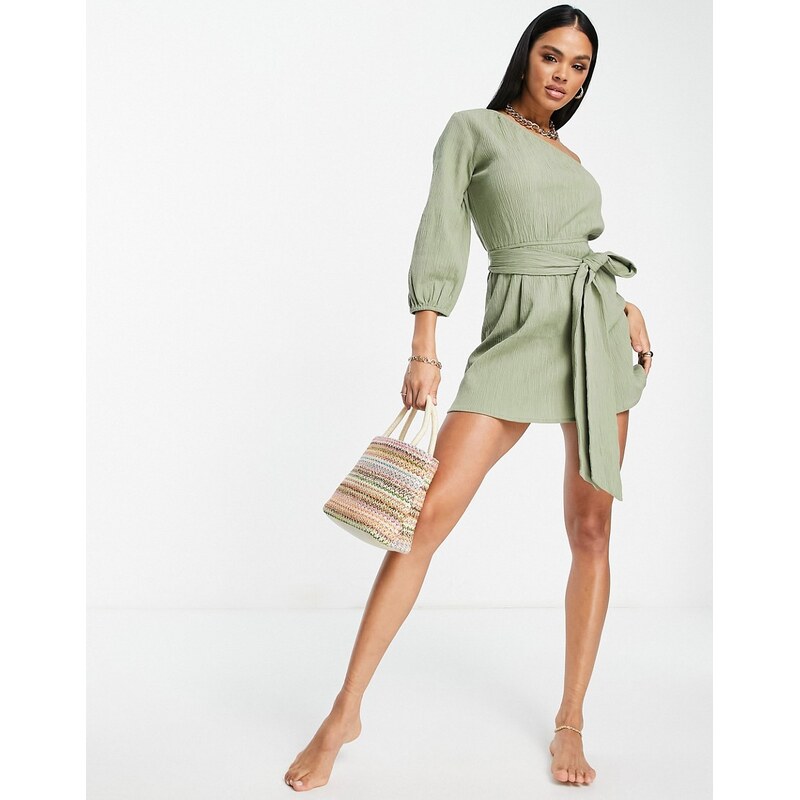 ASOS DESIGN one shoulder belted crinkle beach mini dress in khaki 100035846