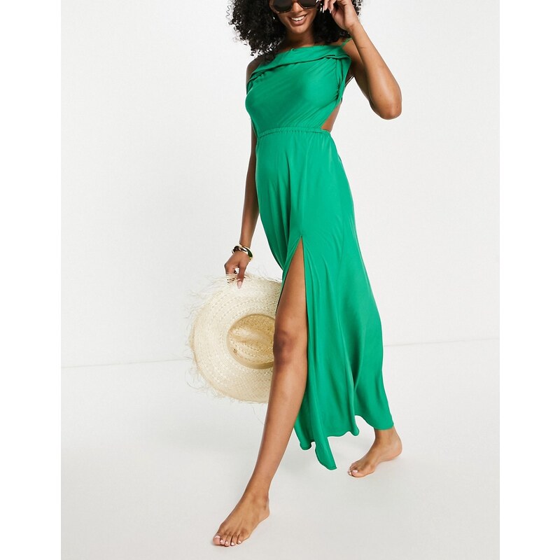 ASOS DESIGN drape detail low beach maxi beach dress in emerald-Green 100370171