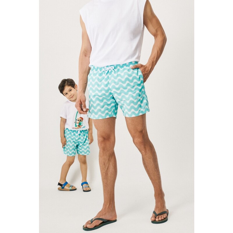 AC&Co / Altınyıldız Classics Boys' White Mint Standard Fit Regular Cut Quick Dry Kids Patterned One-Pocket Swimsuit Marine Shorts.