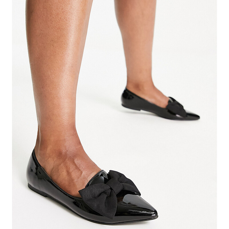 ASOS DESIGN Wide Fit Lake bow pointed ballet flats in black