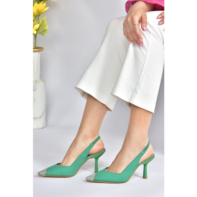 Fox Shoes Women's Green Satin Fabric Heeled Shoes With Stone Detail