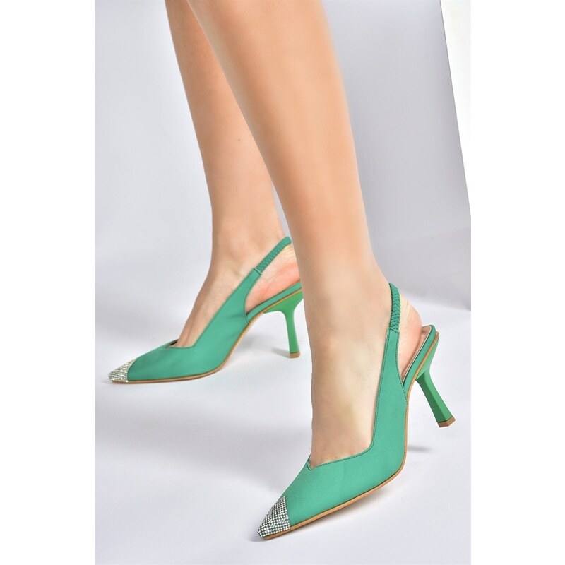 Fox Shoes Women's Green Satin Fabric Heeled Shoes With Stone Detail