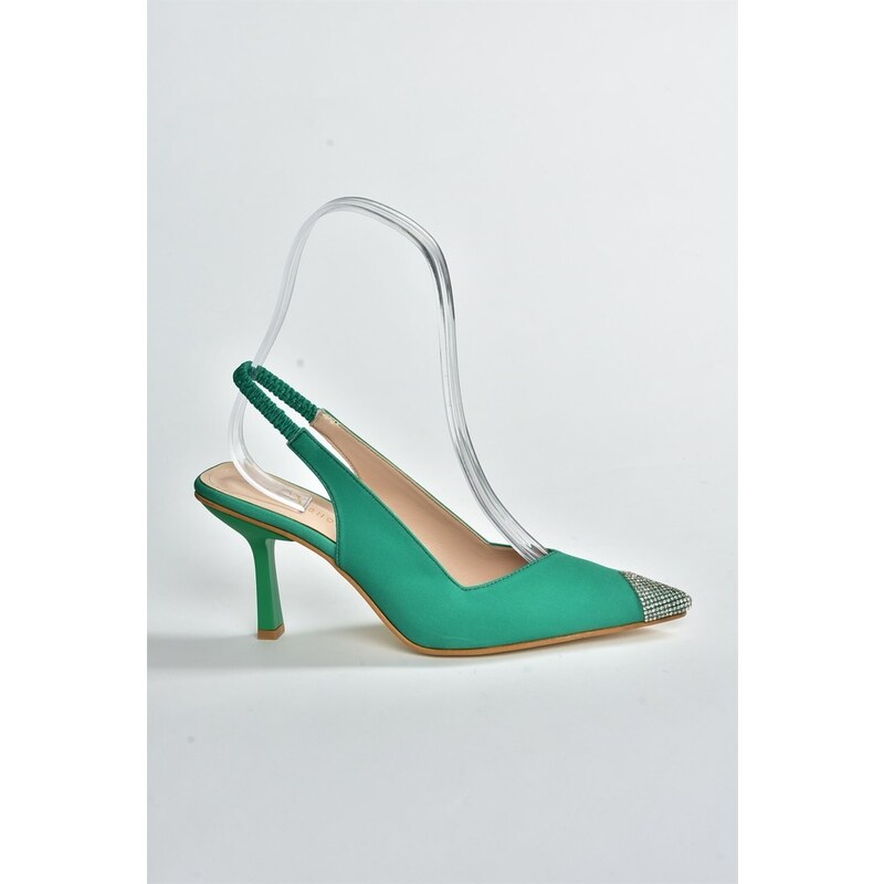 Fox Shoes Women's Green Satin Fabric Heeled Shoes With Stone Detail