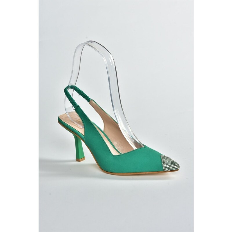 Fox Shoes Women's Green Satin Fabric Heeled Shoes With Stone Detail