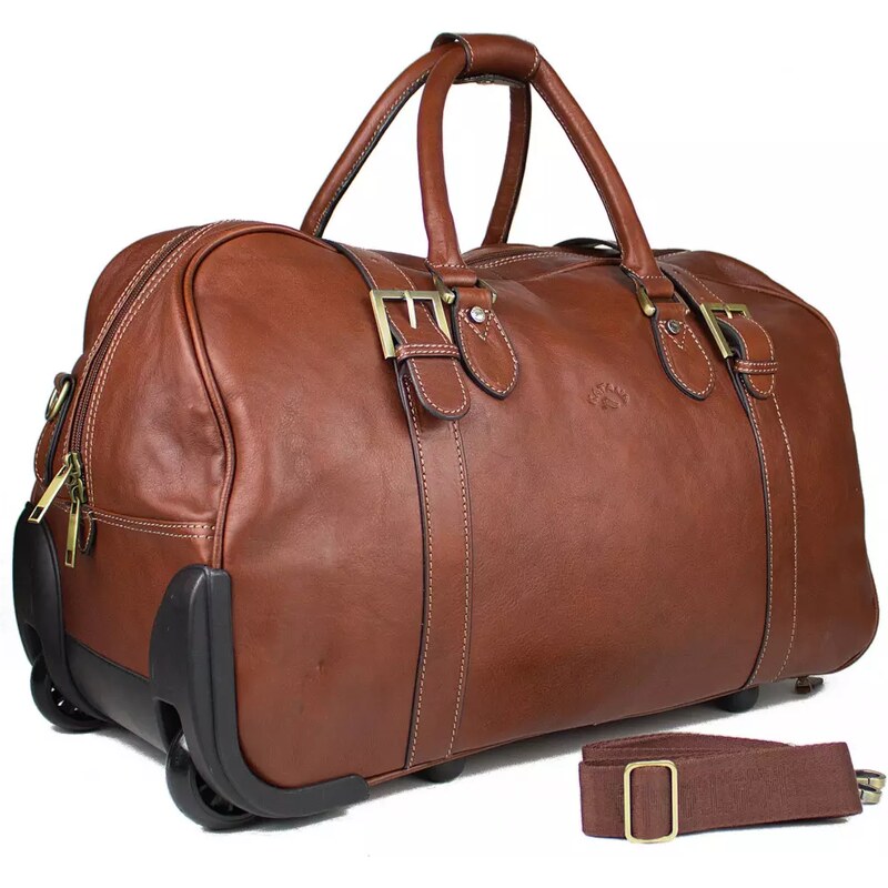 KATANA Luxusní kožená cestovní taška na kolečkách Brigitte Hnědá