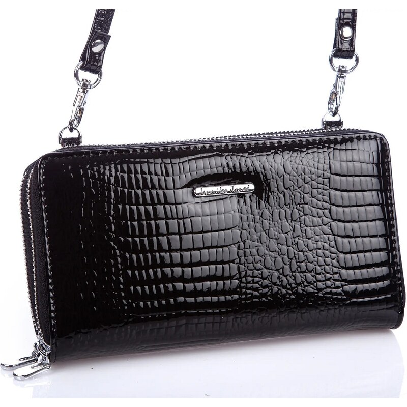 Jennifer Jones Velká dámská kožená peněženka s popruhem přes rameno černá 52762
