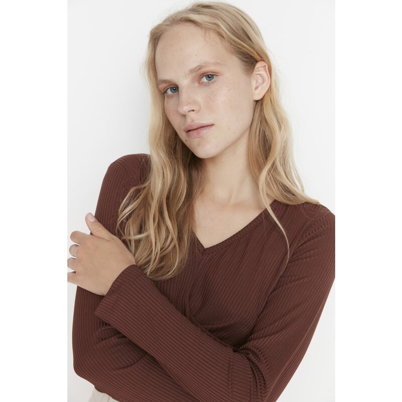 Trendyol Brown Collar Detailed Corduroy Knitted Blouse