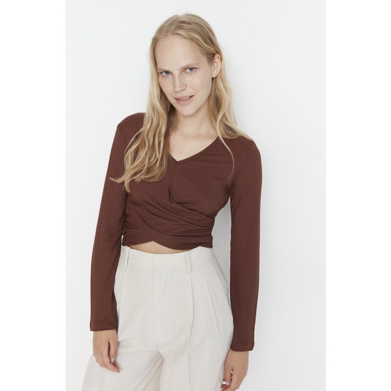 Trendyol Brown Collar Detailed Corduroy Knitted Blouse