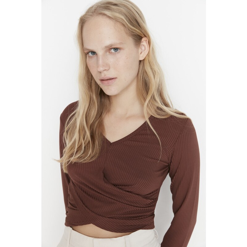 Trendyol Brown Collar Detailed Corduroy Knitted Blouse