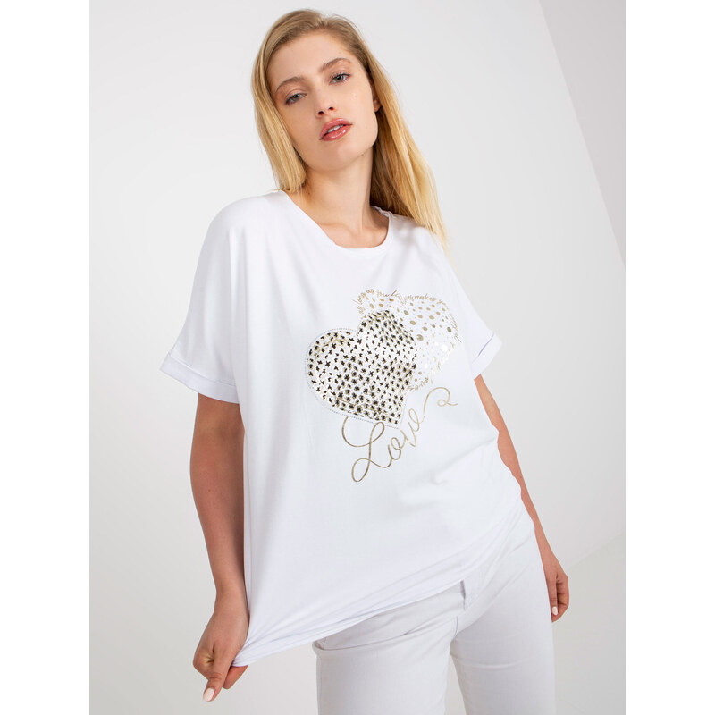 Fashionhunters Bílé volné tričko větší velikosti s potiskem
