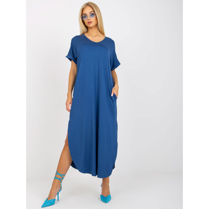 BASIC TMAVĚ MODRÉ BAVLNĚNÉ OVERSIZE ŠATY S ROZPARKY --DARK BLUE Tmavě modrá