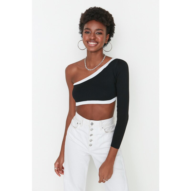 Trendyol Black Crop One-Shoulder Knitwear Blouse