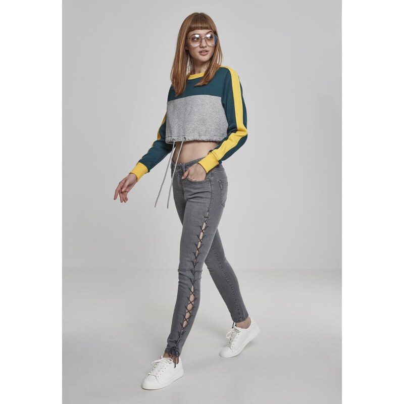 URBAN CLASSICS Ladies Cropped 3-Tone Stripe Crew - grey/jasper/chromeyellow