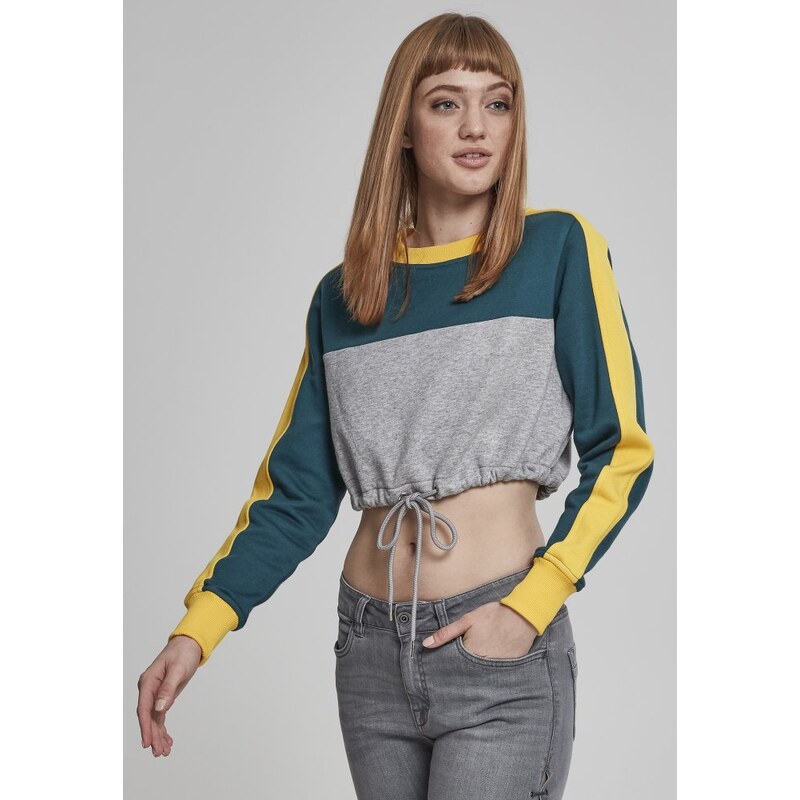 URBAN CLASSICS Ladies Cropped 3-Tone Stripe Crew - grey/jasper/chromeyellow