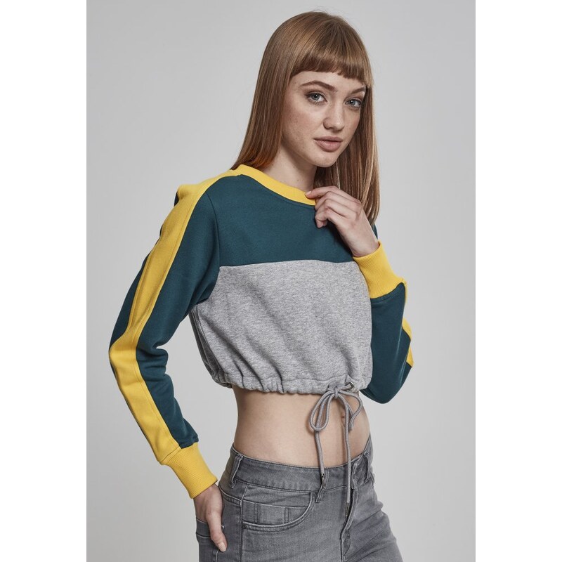 URBAN CLASSICS Ladies Cropped 3-Tone Stripe Crew - grey/jasper/chromeyellow